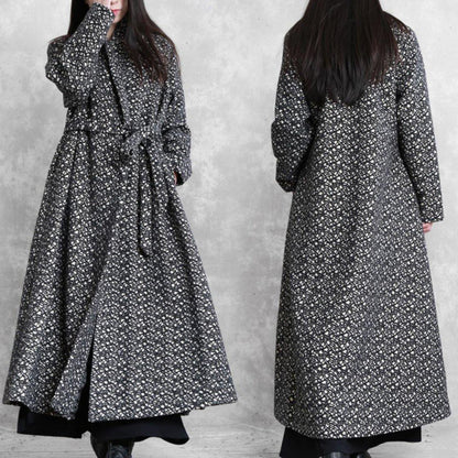 Fine Oversized Long Jackets Outwear Black Plaid V Neck Tie Waist Wool Coat