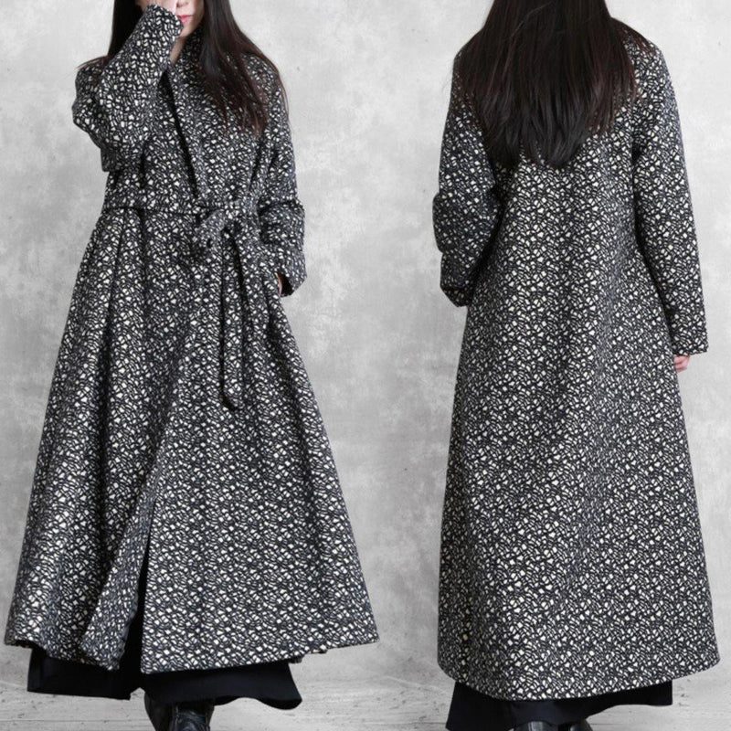 Fine Oversized Long Jackets Outwear Black Plaid V Neck Tie Waist Wool Coat