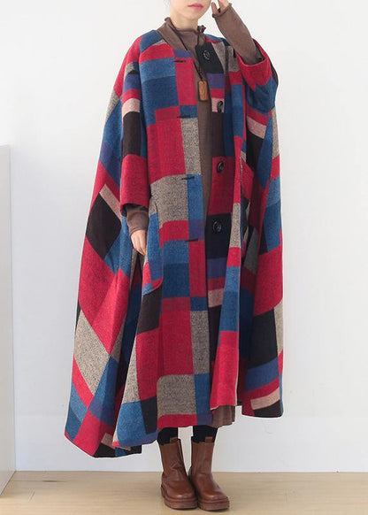 Oversized Maxi Coat Winter Cashmere Coatred Plaid Woolen Outwear