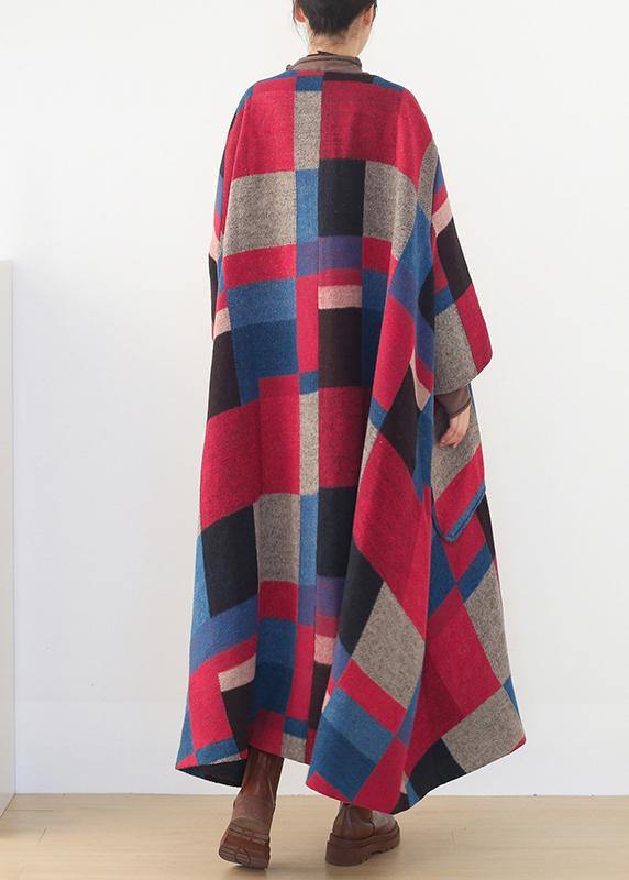 Oversized Maxi Coat Winter Cashmere Coatred Plaid Woolen Outwear