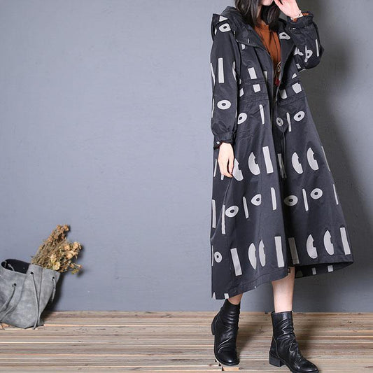 Fine Oversized Trench Coat Fall Black Prints Hooded Drawstring Coat