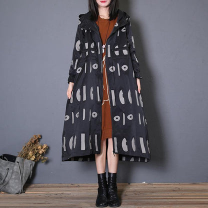Fine Oversized Trench Coat Fall Black Prints Hooded Drawstring Coat