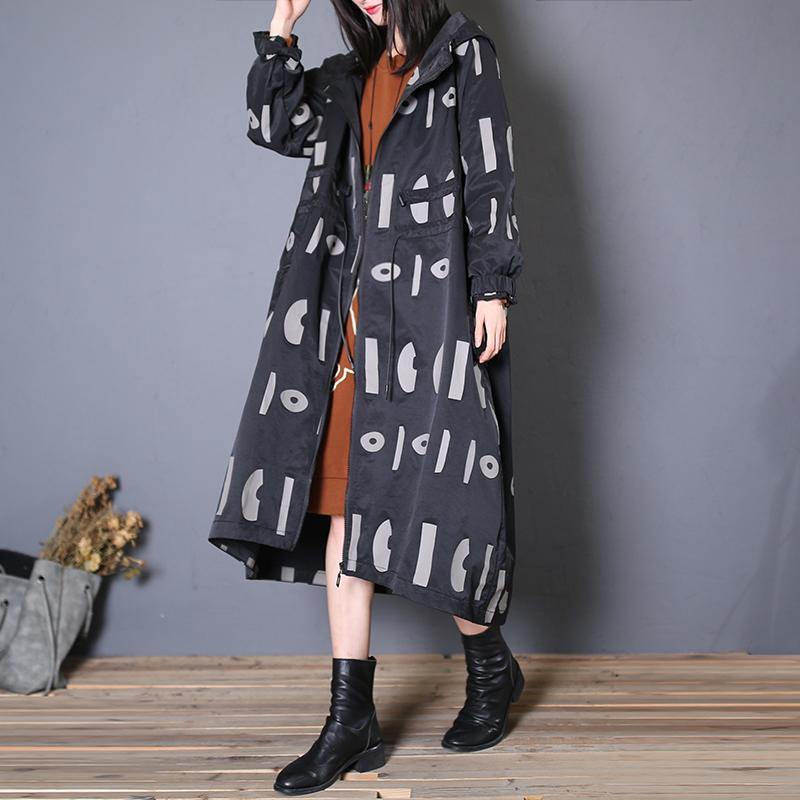 Fine Oversized Trench Coat Fall Black Prints Hooded Drawstring Coat