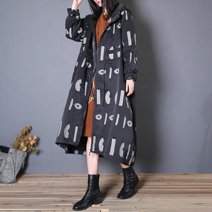 Fine Oversized Trench Coat Fall Black Prints Hooded Drawstring Coat