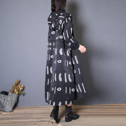 Fine Oversized Trench Coat Fall Black Prints Hooded Drawstring Coat