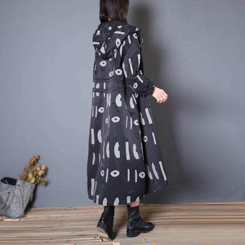 Fine Oversized Trench Coat Fall Black Prints Hooded Drawstring Coat