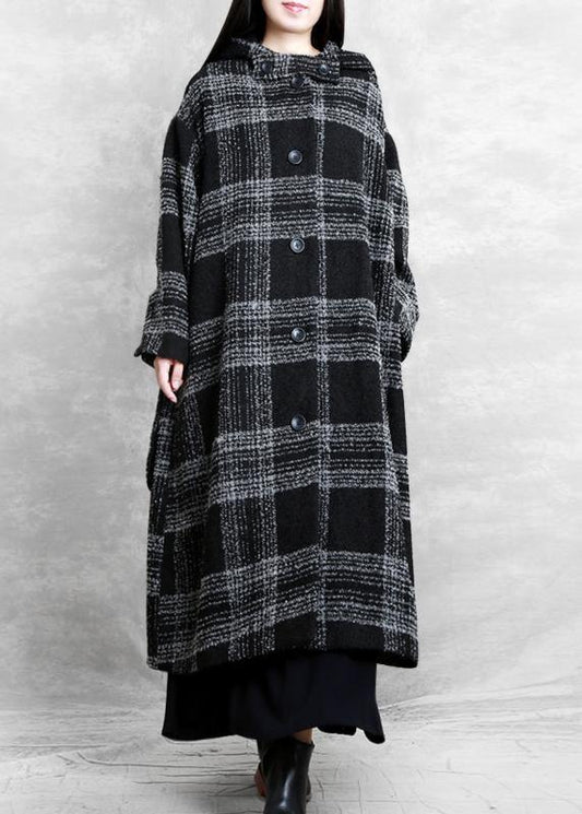 Fine Clothing Winter Coat Outwear Black Plaid Hooded Patchwork Woolen Coats