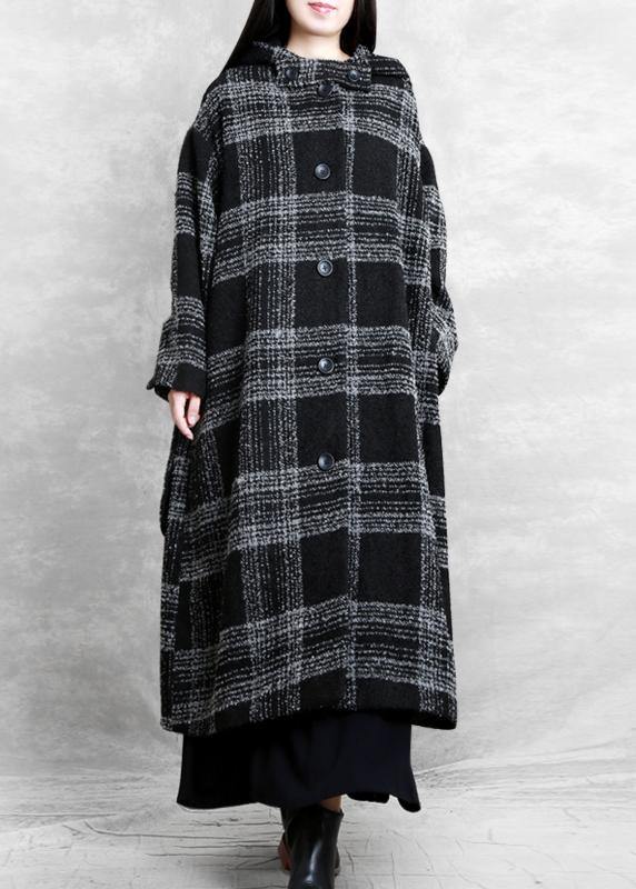 Fine Clothing Winter Coat Outwear Black Plaid Hooded Patchwork Woolen Coats