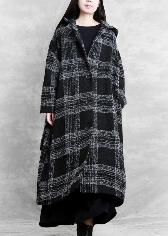 Fine Clothing Winter Coat Outwear Black Plaid Hooded Patchwork Woolen Coats