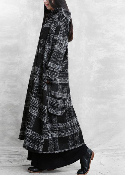 Fine Clothing Winter Coat Outwear Black Plaid Hooded Patchwork Woolen Coats