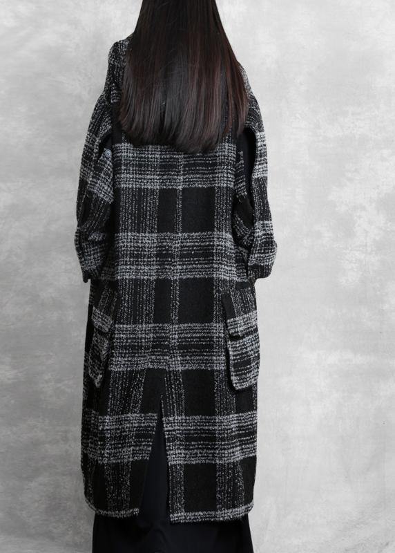 Fine Clothing Winter Coat Outwear Black Plaid Hooded Patchwork Woolen Coats