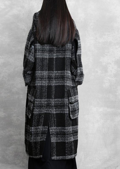 Fine Clothing Winter Coat Outwear Black Plaid Hooded Patchwork Woolen Coats