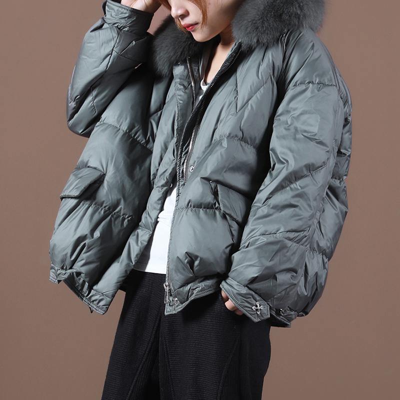 Down Coats Blackish Green Fur Collar Zippered Hooded Down Jacket Woman