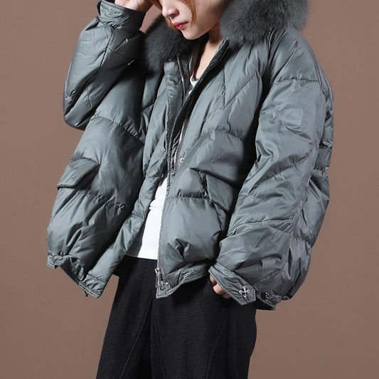 Down Coats Blackish Green Fur Collar Zippered Hooded Down Jacket Woman