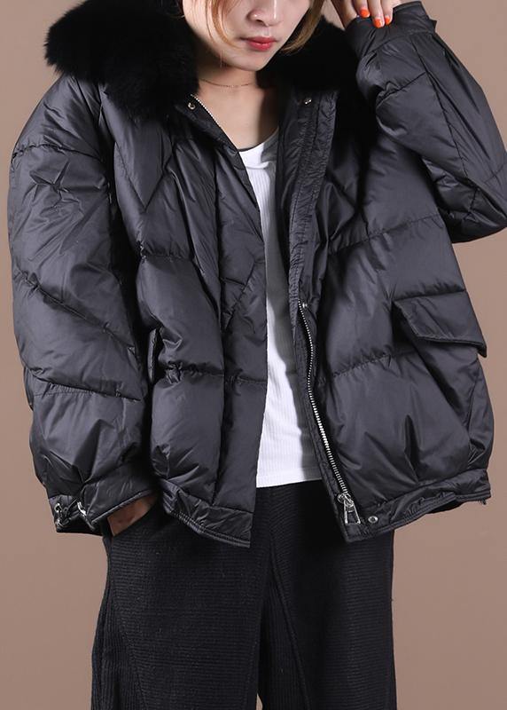 Down Coats Blackish Green Fur Collar Zippered Hooded Down Jacket Woman