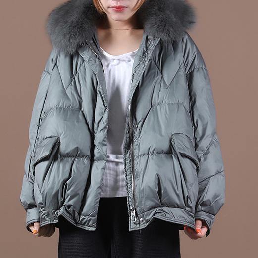 Down Coats Blackish Green Fur Collar Zippered Hooded Down Jacket Woman