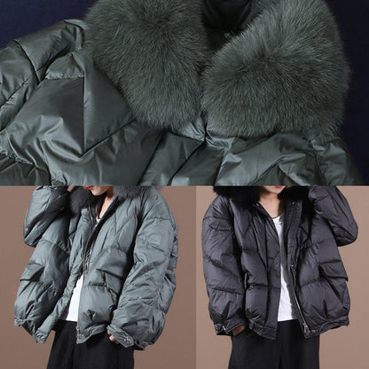 Down Coats Blackish Green Fur Collar Zippered Hooded Down Jacket Woman