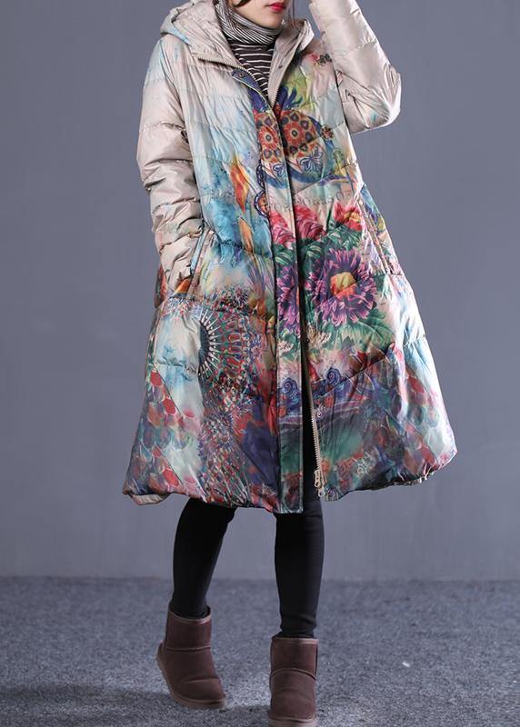 Fine Down Jacket Coats Khaki Print Hooded Zippered Duck Down Coat