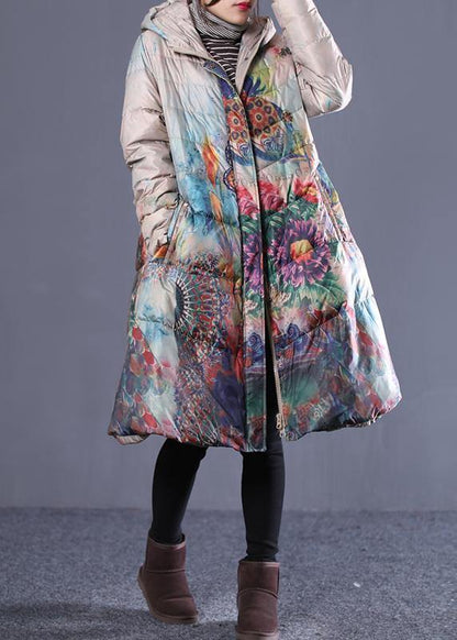 Fine Down Jacket Coats Khaki Print Hooded Zippered Duck Down Coat