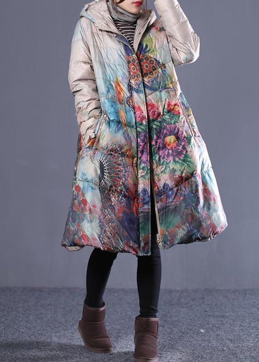 Fine Down Jacket Coats Khaki Print Hooded Zippered Duck Down Coat