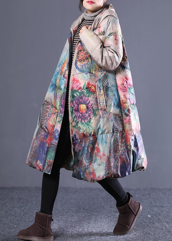 Fine Down Jacket Coats Khaki Print Hooded Zippered Duck Down Coat