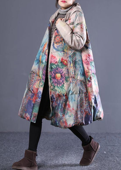 Fine Down Jacket Coats Khaki Print Hooded Zippered Duck Down Coat