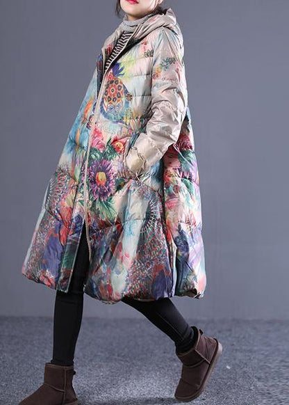 Fine Down Jacket Coats Khaki Print Hooded Zippered Duck Down Coat