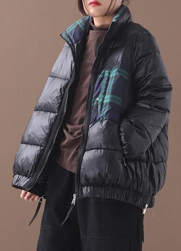 Fine Down Jacket Patchwork Plaid Coats Black Winter Side Zippered Warm Winter Coat