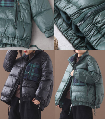 Fine Down Jacket Patchwork Plaid Coats Black Winter Side Zippered Warm Winter Coat