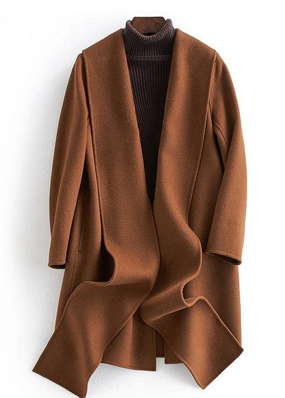 Fine Long Sleeve Outwear Brown Pockets Woolen Coats