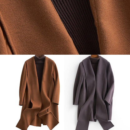 Fine Long Sleeve Outwear Brown Pockets Woolen Coats