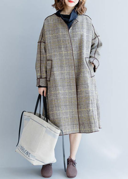 Fine Mid-length Coats Winter Woolen Outwear Plaid Pockets Woolen Overcoat