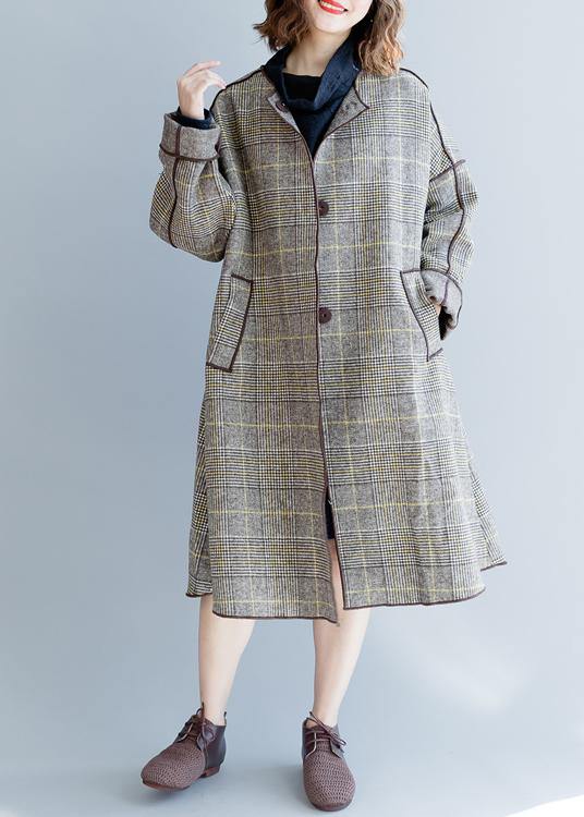 Fine Mid-length Coats Winter Woolen Outwear Plaid Pockets Woolen Overcoat