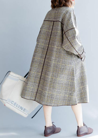 Fine Mid-length Coats Winter Woolen Outwear Plaid Pockets Woolen Overcoat