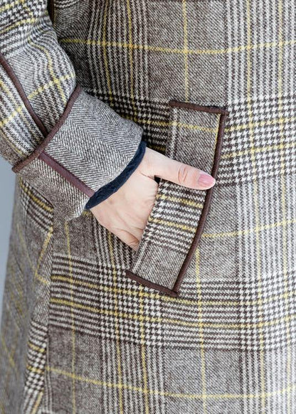 Fine Mid-length Coats Winter Woolen Outwear Plaid Pockets Woolen Overcoat