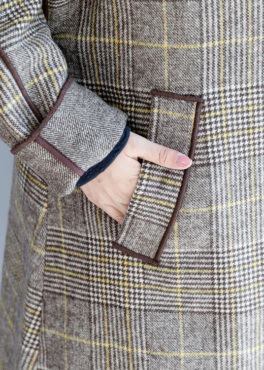 Fine Mid-length Coats Winter Woolen Outwear Plaid Pockets Woolen Overcoat