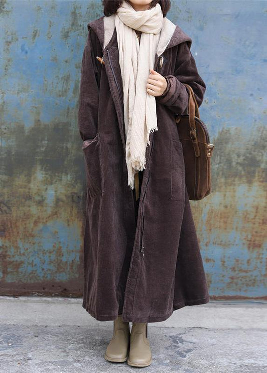 Fine Warm Winter Coat Zippered Outwear Chocolate Hooded Coat