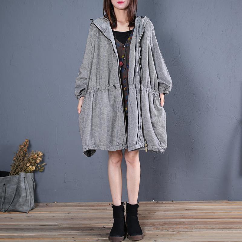 Fine Winter Coat Fall Outwear Gray Plaid Hooded Coats
