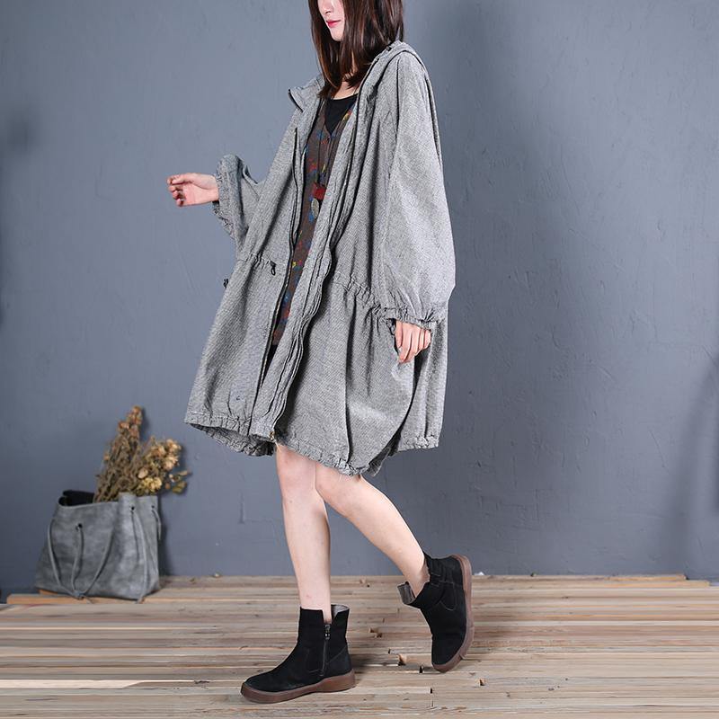 Fine Winter Coat Fall Outwear Gray Plaid Hooded Coats