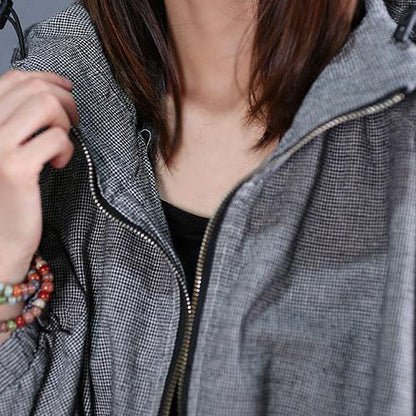 Fine Winter Coat Fall Outwear Gray Plaid Hooded Coats
