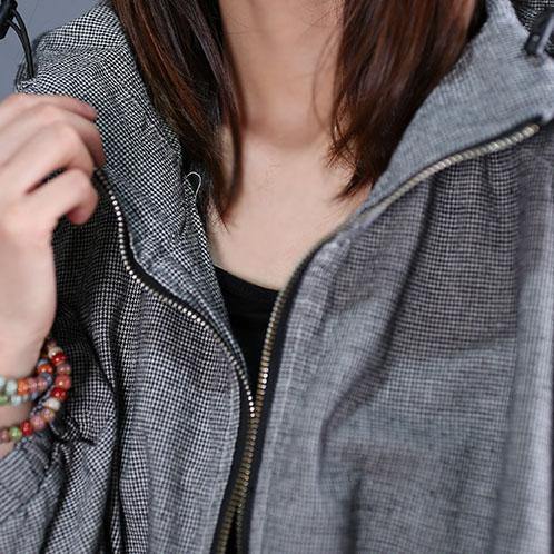Fine Winter Coat Fall Outwear Gray Plaid Hooded Coats