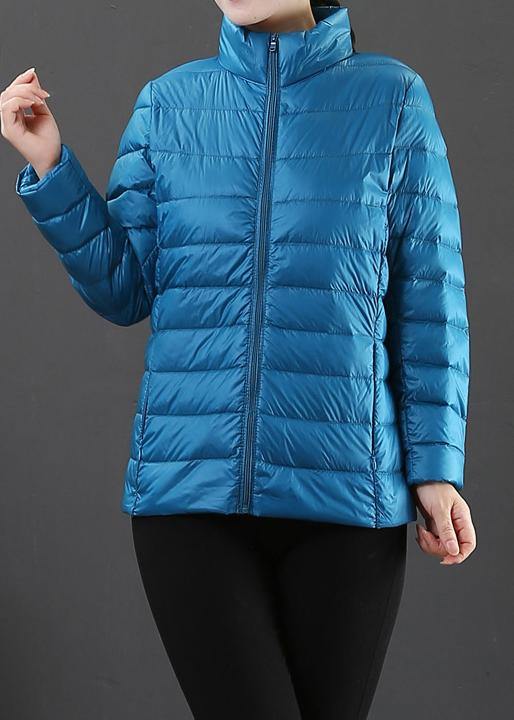 Fine Winter Jacket Overcoat Light Blue Stand Collar Zippered Duck Down Coat
