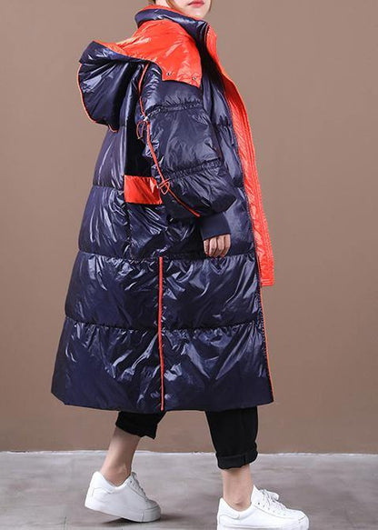 Parka Overcoat Dark Blue Hooded Patchwork Goose Down Coat
