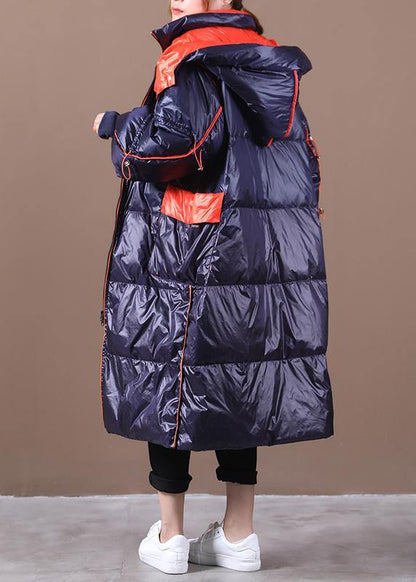 Parka Overcoat Dark Blue Hooded Patchwork Goose Down Coat