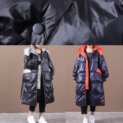 Parka Overcoat Dark Blue Hooded Patchwork Goose Down Coat