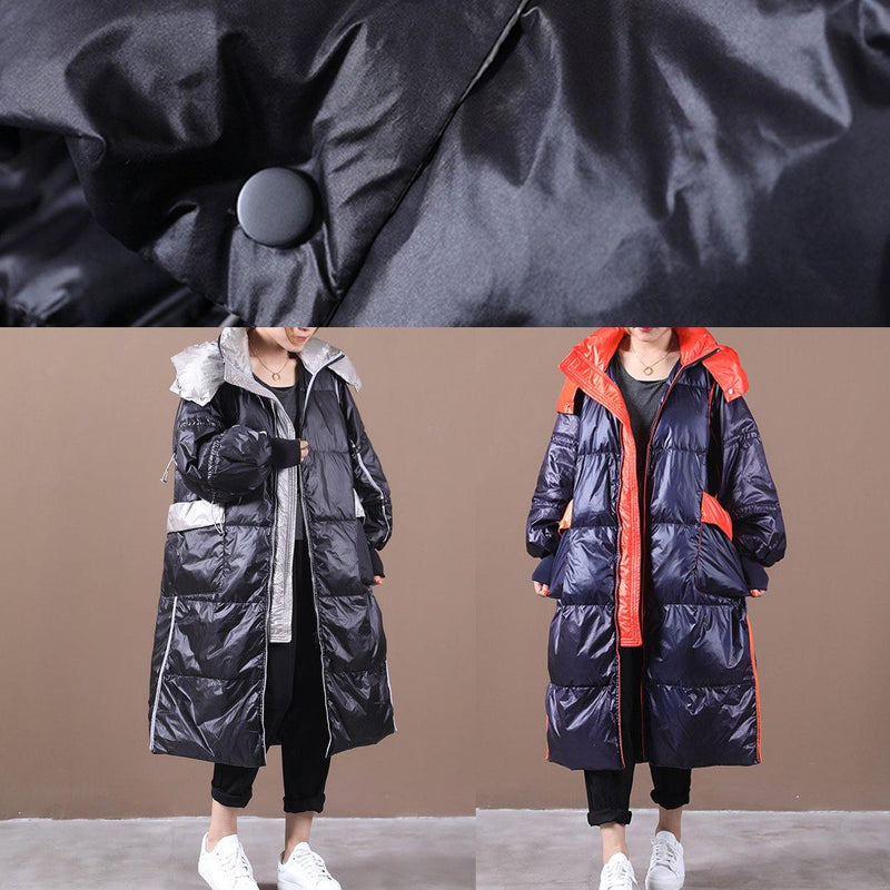 Parka Overcoat Dark Blue Hooded Patchwork Goose Down Coat