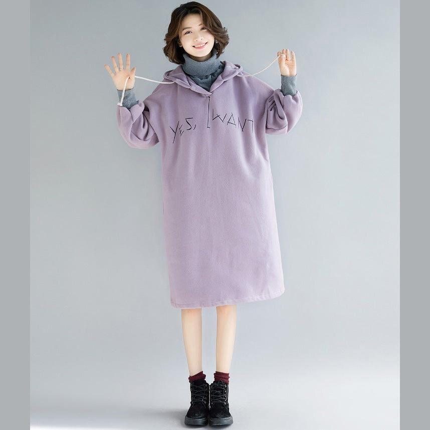 Fine Purple Long Sleeve Cotton Dress False Two Pieces Spring Dress Hooded Dresses