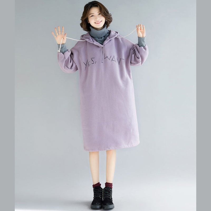 Fine Purple Long Sleeve Cotton Dress False Two Pieces Spring Dress Hooded Dresses