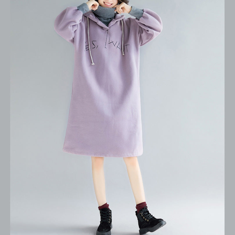 Fine Purple Long Sleeve Cotton Dress False Two Pieces Spring Dress Hooded Dresses