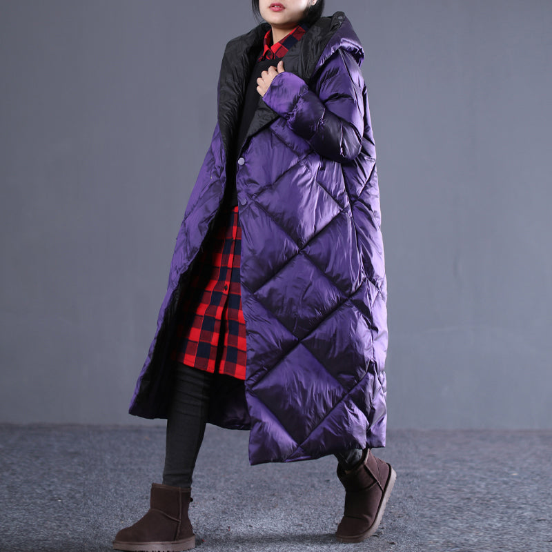 Fine Purple Winter Oversize Hooded Parka Pockets Zippered Cotton Overcoat